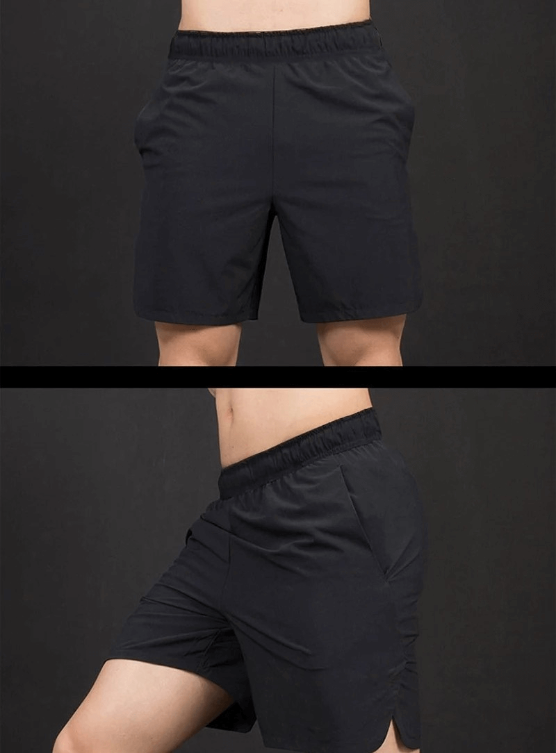 Men's black athletic shorts showcasing front and side views, designed for optimal performance and comfort in workouts and sports.
